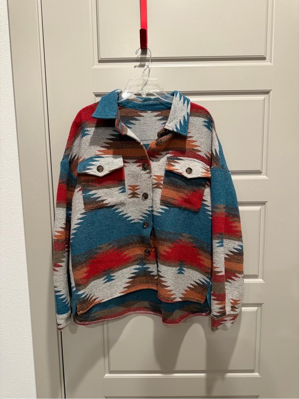 Aztec Pattern Button-Front Women’s Sweater Jacket - Teal & Red